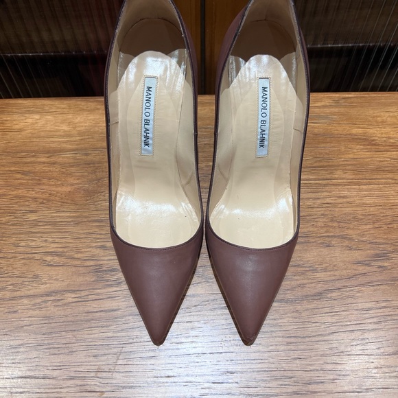 Manolo Blahnik Shoes - Dark brown leather, 4” wood stacked heel.